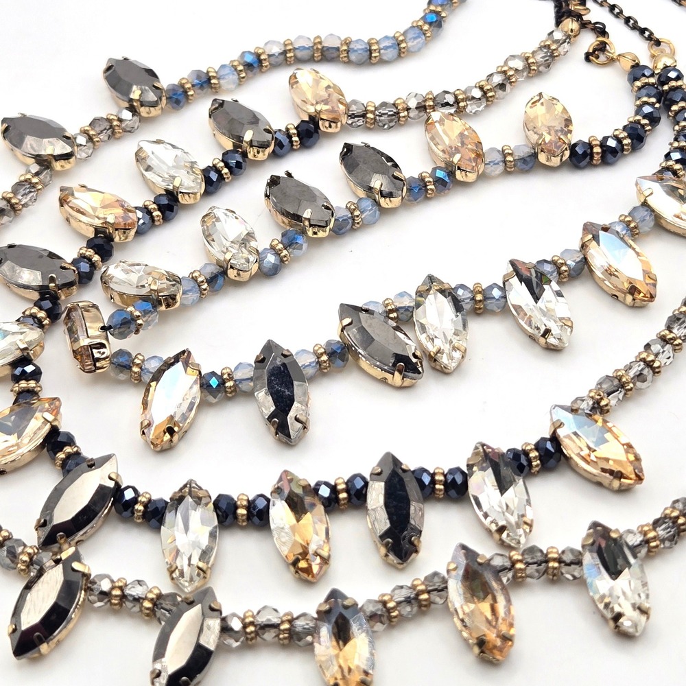 Triple Strand Marquise Crystal Bib Statement Necklace Gold Navy Champagne Smoke